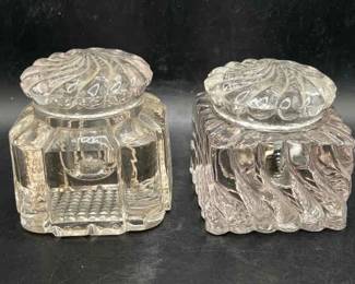 (2) Antique Lidded Ink Wells — Glow Green in Ultraviolet Light