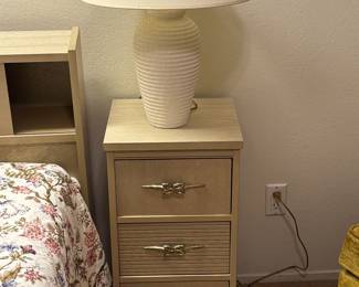 Vintage Mid-Century Modern Hollywood Regency Style Unbranded Blonde Nightstand                               Vintage 80's Plaster Table Lamp

