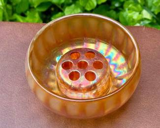 Vintage Marigold Carnival Glass Bowl & Floral Frog