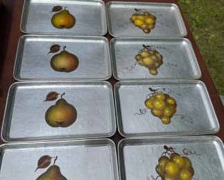 (8) hand-painted silvered paper mache trays