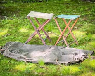Vintage WWII Canvas Sack & (2) Folding Seats