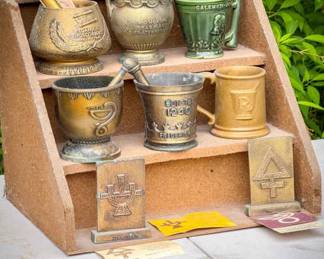 Vintage Rack Full of Bronze & Ceramic Pharmacy Award Mortars