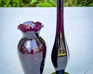 (2) Vintage Amethyst Glass Vases