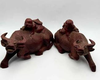 (2) Vintage Chinese Carved Wooden Water Buffalo Figurines