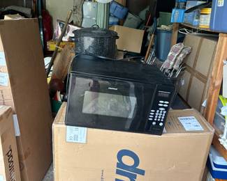 Microwave, cookware , snowman decor