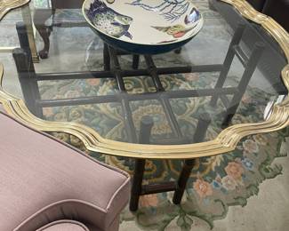 RETRO HEAVY GLASS AND METAL/BRASS COFFEE TABLE- LOTS OF OCCASIONAL CHAIRS RUGS !!