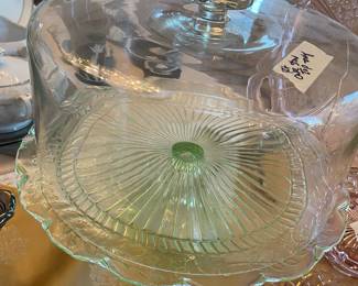 GREEN DEPRESSION GLASS CAKE STAND