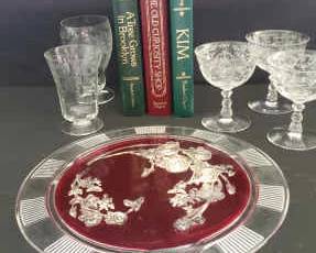 Maestro Depression Glass Cake Plate With A Red Stain Inlay