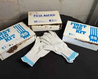 3 Vintage First Aid Kits And 2 Pair Tuff Shield Gloves
