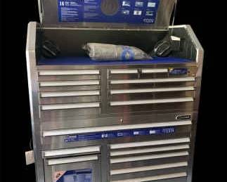 01 Kobalt 16 Drawer Tool Chest W BuiltIn Fridge Pioneer Radio Speakers