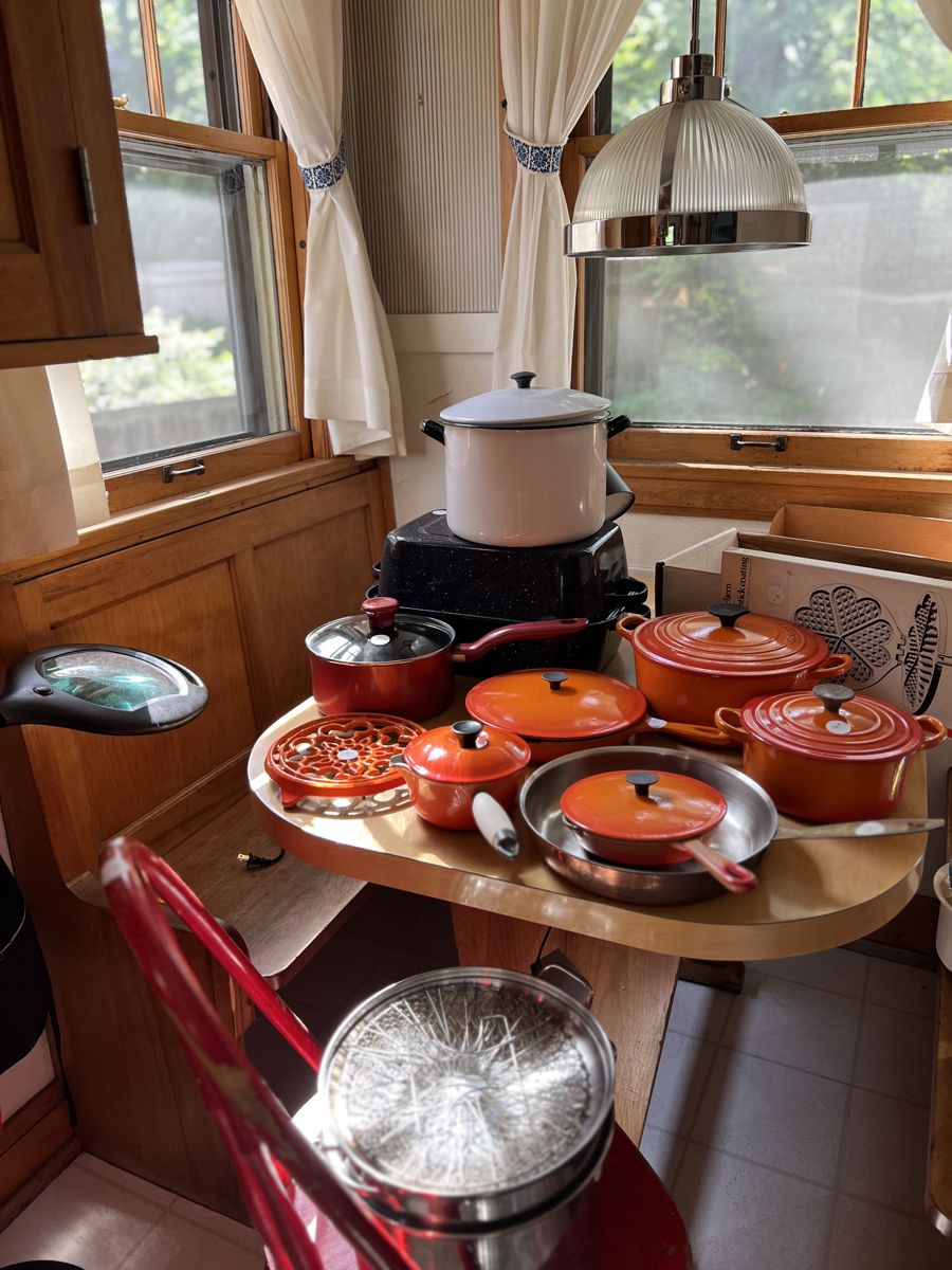 Vintage Le Creuset, roasting pans, low vision magnifying glass