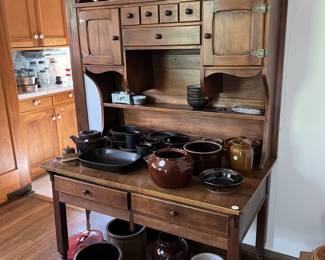 Arbia Finish dishware, Pearsons by Chesterfield dishware, crocks, pewter, vintage hutch