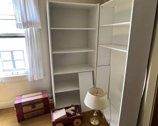 bookshelves, vintage toy wagon, vintage small chest