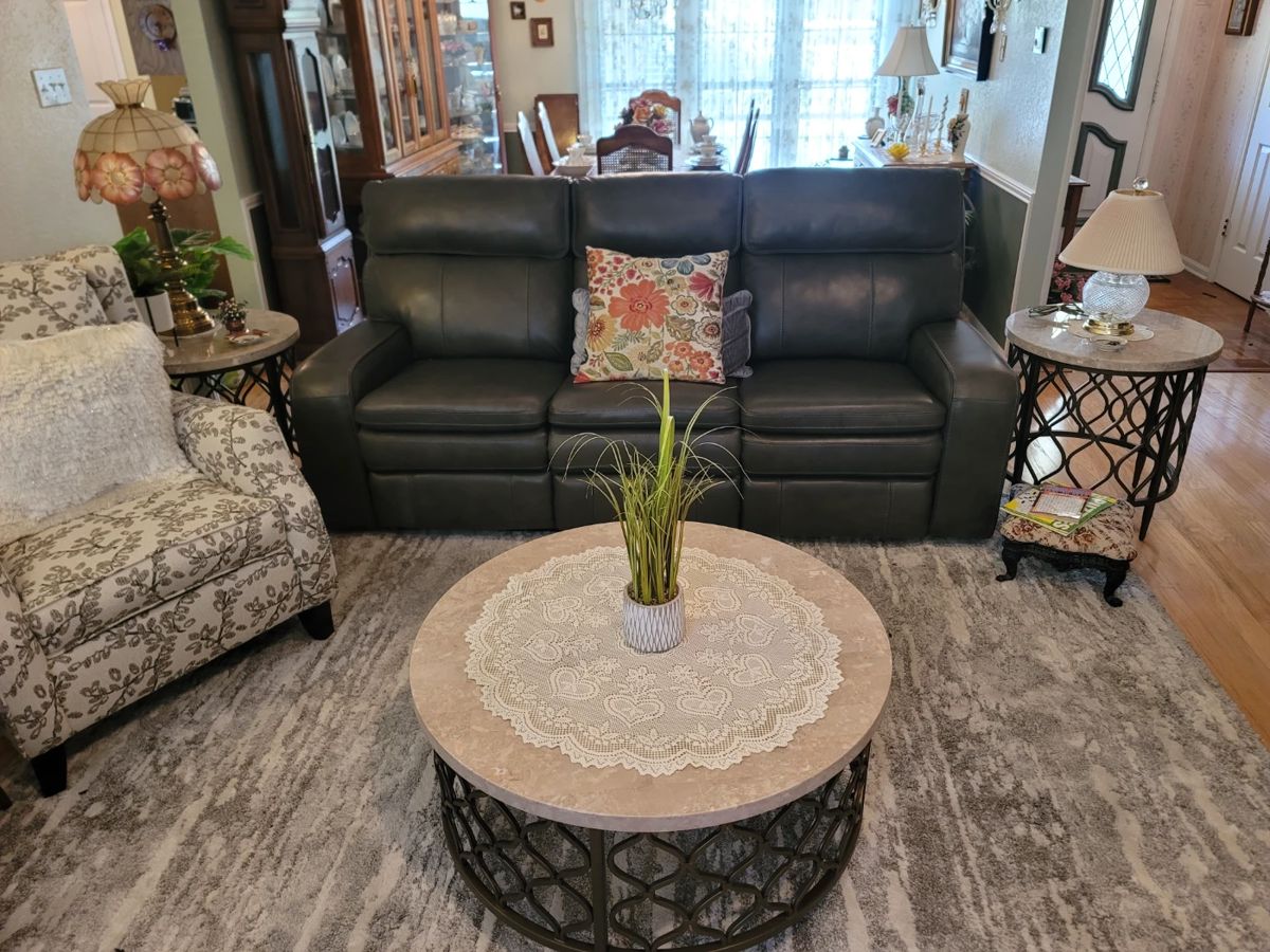3 Seat Gray Leather Electric Reclining Sofa, Round Marble Top Coffee Table w/ Matching End Tables