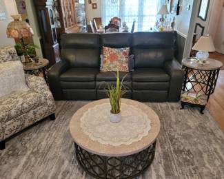 3 Seat Gray Leather Electric Reclining Sofa, Round Marble Top Coffee Table w/ Matching End Tables