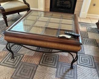 Beautiful glass coffee table with 2 drawers on 2 sides for storage- wood, iron and rattan materials