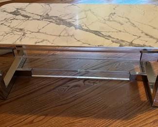 John Richards silver chrome and lucite coffee table with faux marble top