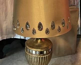 John Richards gold and glass lamp with John Richard custom silk lamp shades and crystals