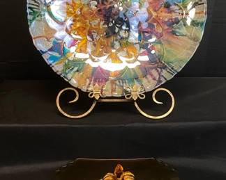 Vintage Fostoria Amber Glass Fleurdelis Sandwich Tray And Centerpiece Art Glass Bowl