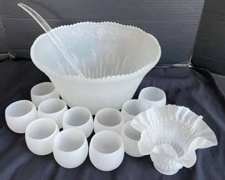 Frosted Glass Punch Bowl 12 Glasses