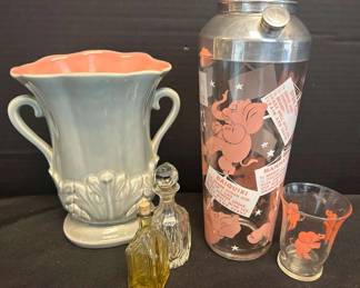 Vintage Hazel Atlas Pink Elephant Cocktail Shaker With Shot Glass And More