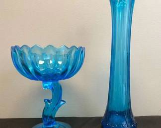 Vintage Indiana Glass Blue Lotus Pedestal Bowl And Jefferson Glass Blue Iris Vase