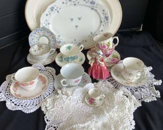 Vintage Floral Teacups Saucers Lavinia Figurine Haviland Platter Doilies