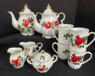 Handpainted Lefton Pointesetta And Cardinal Holiday Teapots And Mugs