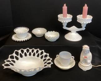 Westmoreland Monax Fenton Milk Glass Collection With Double Candelabra And Bisque Night Light