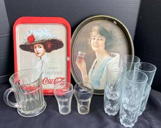 Vintage CocaCola Trays Glasses Pitcher Other Glassware