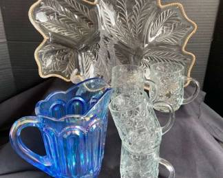 Moon Star Colonial Blue Pitcher Glass 6 Section Platter Mugs