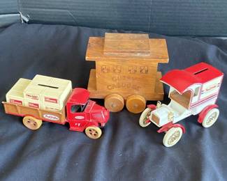 Vintage True Value Truck Car Banks Cubby Caboose Wood Bank