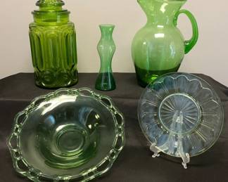 MCM and Vintage Green Glass Collection Pitcher Jar Vase And Lancaster Uranium Glass