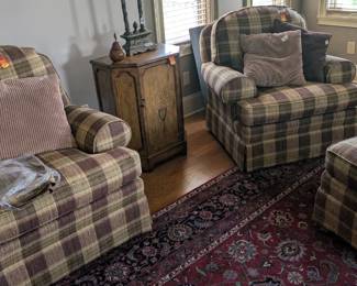 Custom upholstered chairs. One matching ottoman