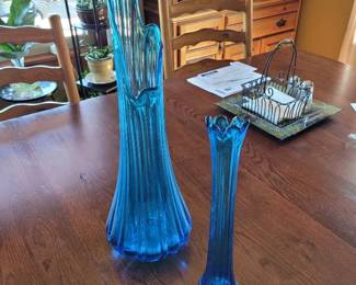 2 Beautiful Peacock Blue Viking Stretch Glass Vases