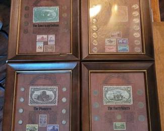 4 US Stamp Coin Framed Set American Indian, Trailblazers, Pioneers, Forty Niners
