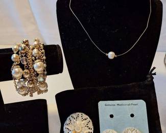 Pearl Necklace, Mother Of Pearl Clip On Earrings And Pin, Bracelet