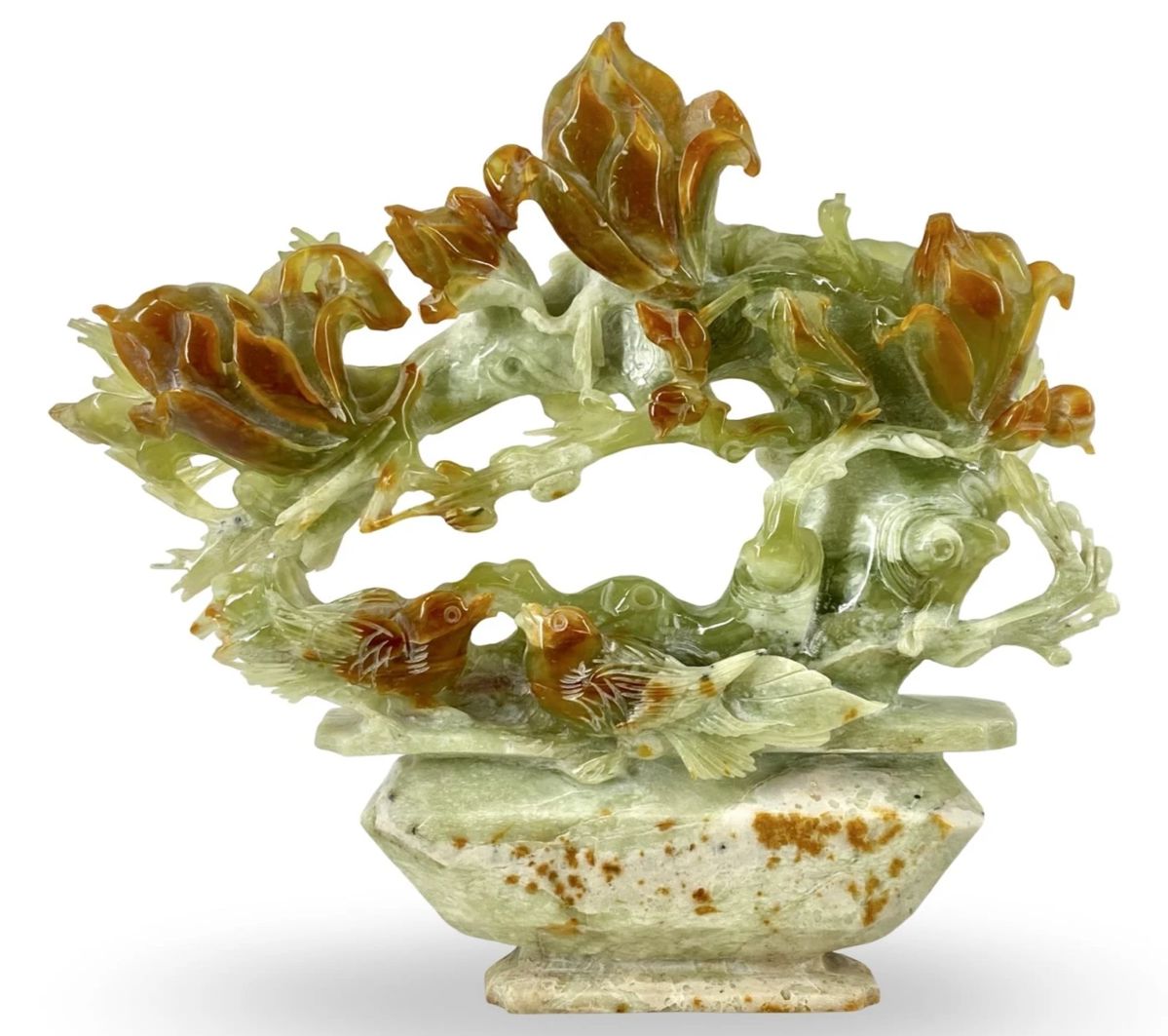 Chinese Hand Carved Jade Birds on Flower Vine
