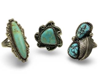 (3) Lovely Native American Silver Turquoise Rings
