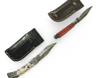 (2) Custom Genuine Damascus Folding Pocket Knives
