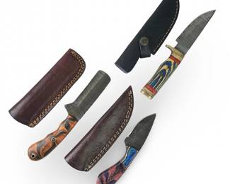 (3) Custom Genuine Damascus Bull Cutter Knives
