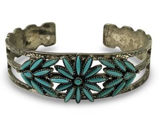 Native American Etched Silver Turquoise Cuff
