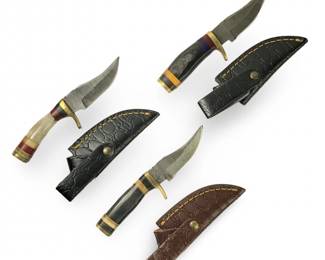 (3) Custom Genuine Damascus Stag Knives W/Sheaths
