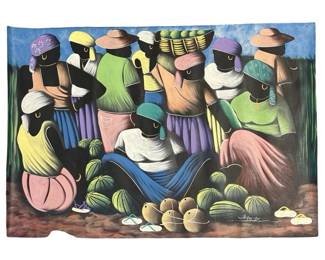 Beautiful Signed Haitian Folk Art Oil on Tapestry
