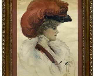 Harrison Fisher “Lady w Red Plumed Hat" Print
