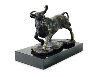 Signed J. Mavchi Small Bronze Bull Sculpture
