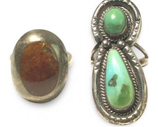   (2pc) Native American Silver Turquoise Agate Rings
