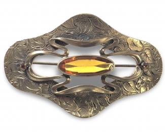 Remarkable Art Nouveau Amber Brass Brooch
