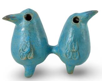 MCM Blue Glazed Stoneware Ceramic Bird Folk Art
