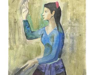 Attributed Signed Picasso “Woman w Fan" Watercolor
